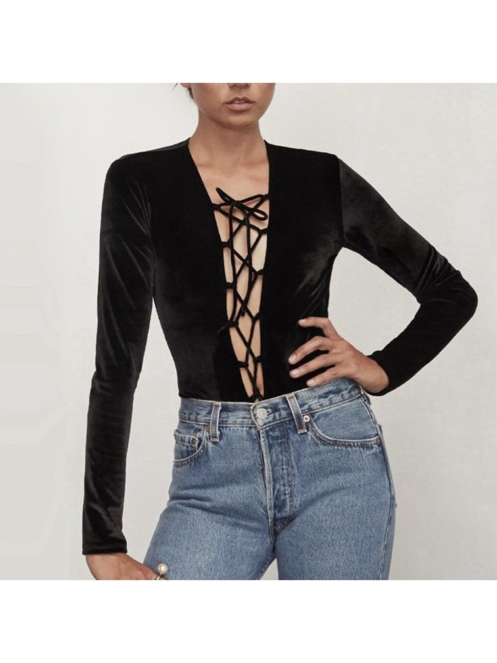 Reformation Black Velvet Avalon Long Sleeve Bodysuit Lace-Up Women’s Size Small